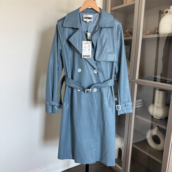 Apparis Lucia Double Breasted Belted Trench Coat NEW Sky Blue Faux Leather Large
